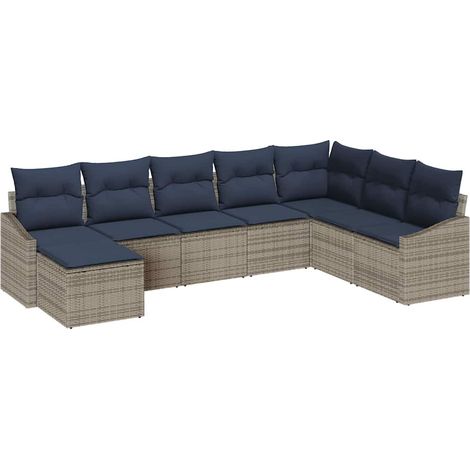 Gartensofa-set mit Kissen 8 pcs Grau und Marineblau Poly-Rattan vidaXL