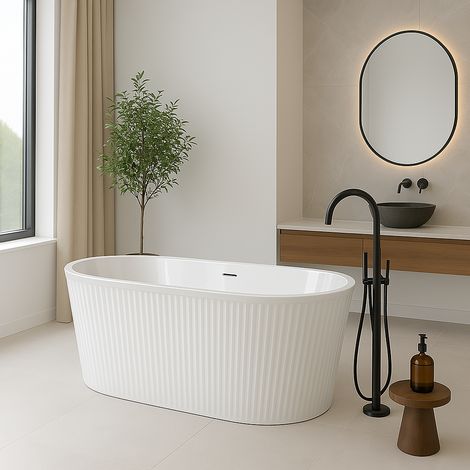 Stano. – Baignoire îlot ovale 150 cm en acrylique sanitaire – Monocoque rigide avec renforcement fibre de verre – Finition blanc brillant