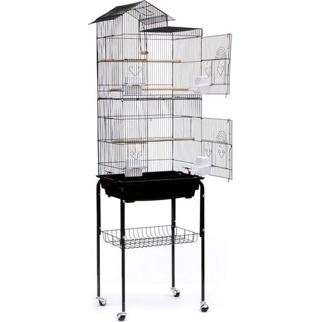 Cage à Oiseaux,volière Portable,Avec 4 roulettes et toit,®,Cage pour Perruche Calopsitte Conure Pinson Canaris,Hors jouets,46 x 35.5 x 158.5cm,noir (1/5)