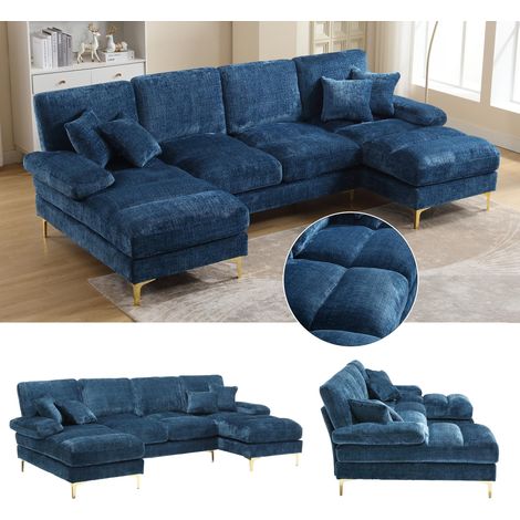 Grand canapé d'angle moderne en chenille en forme de U avec double méridienne, idéal pour les salons, les chambres, les bureaux, les appartements, les villas, les espaces près de la cheminée, etc. (1/5)