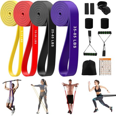 Bande Elastique Musculation Lot de 4, 4 Niveaux Résistance Élastique, Bandes de Résistance pour Sport, Pilates, Physiothérapie, Yoga pour Hommes et Femmes (1/5)