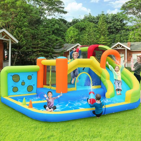 [Ganzjähriger Spielspaß] Hüpfburg mit Gebläse Multifunktionaler Wasserpark+Trampolinpark für Kinder, Wasserrutsche, Wurfpunktwand,Basketballkorb,Kletterwand,Inklusive 450W-Gebläse (1/5)