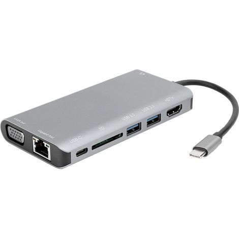 Station d'accueil Type-C 8-en-1 pour PC portable avec ports HDMI, VGA, USB 3.0 et audio, couleur grise. (1/5)