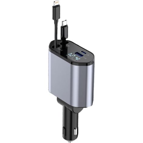 Retractable Car Cigarette Lighter Charger USB C, 4 in 1 Car Phone Charger with Ultra-Fast Charging 120 W, Cigarette Lighter with USB-C/USB-A, 24/12 V, for 16/15/14/13/12/11/Android (1/5)