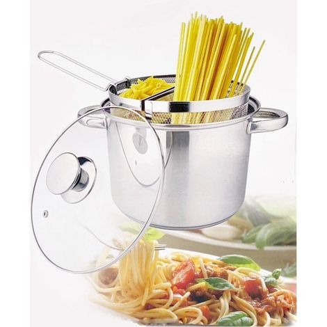 TRADE SHOP - Pentola Spaghettiera Pastaiola Doppio Cestello 6lt In Acciaio Inox Triplo Fondo Colapasta -