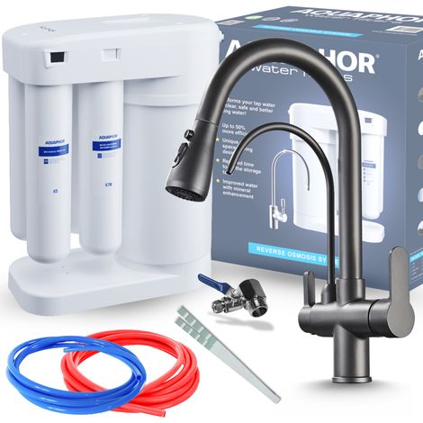 Conjunto de filtro de agua potable por ósmosis inversa Aquaphor Morion 101S + grifo de cocina nórdico de tres vías - grafito (1/5)