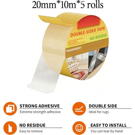 Ruban adhésif double face pour tapis, sans résidus, antidérapant, convient aux paillassons, tapis et couvertures, 20 mm x 10 m x 5 rouleaux. (1/5)