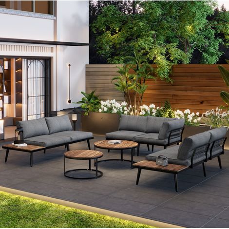 Conjunto de jardín de exterior de hierro galvanizado gris antiguo con 2 sofás de 2 plazas, 2 sillones, 2 mesas y cojines (1/5)