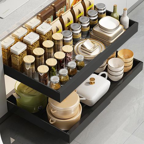 Tiroir coulissant extensible pour cuisine – Acier carbone robuste, réglable, film adhésif inclus – Parfait pour casseroles, placards ou salle de bain – Noir compact – Taille : Trumpet black (32-52cm)