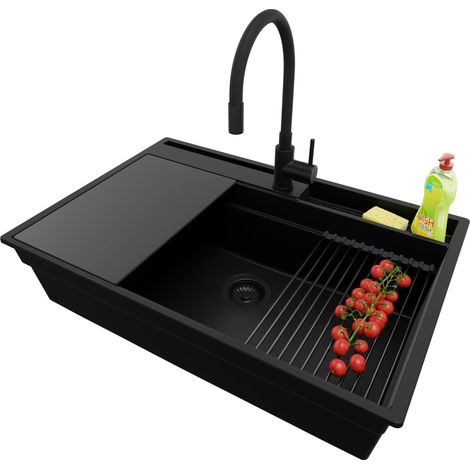 PRIMAGRAN Evier Cuisine en Granit 78x53cm, Lavabo 1 bac + Kit de Vidage + Accessoire, Évier à Encastrer au meuble 80cm - Oslo Pocket, Tout Noir (1/5)