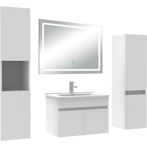 Ocean Ensemble meuble Salle de Bain 60cm avec colonne + miroir lumineux 3 couleurs blanc (1/5)