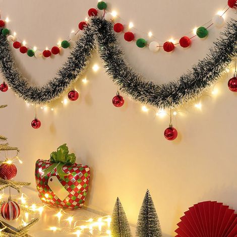 Guirlande De Noël - Branches De Sapin Vert Artificiel - Pompons Et Boules Rouges - Avec Lumières Et Bandes Colorées - 190 Cm - Pour Arbre, Cheminée, Escalier (1/5)