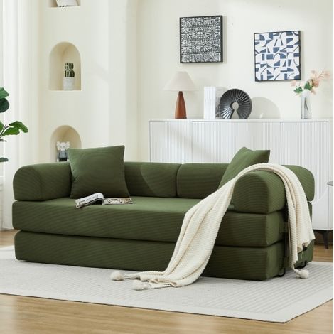 Divano letto a 3 posti 200x90x75 cm, trasformabile in letto, senza montaggio, tessuto a coste verde (1/5)