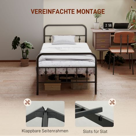 Cadre de lit une place en acier, assemblage simple, kit silencieux en caoutchouc inclus, noir