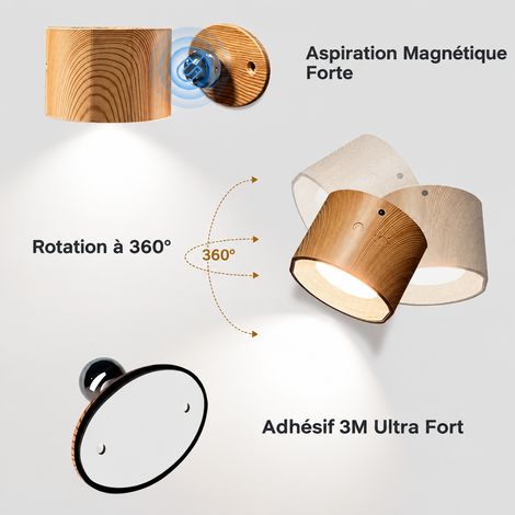 Applique LED Magnétique 12,5 × 10,5 × 6,5 cm 265 g, éclairage double face 3 températures de couleur, couleur grain de bois, avec télécommande – Livraison gratuite