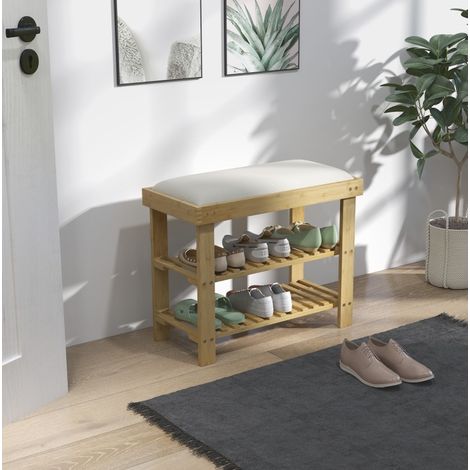 Banco zapatero con asiento, de bambú, 60 x 29 x 49 cm, blanco crema HAVRYA (1/5)