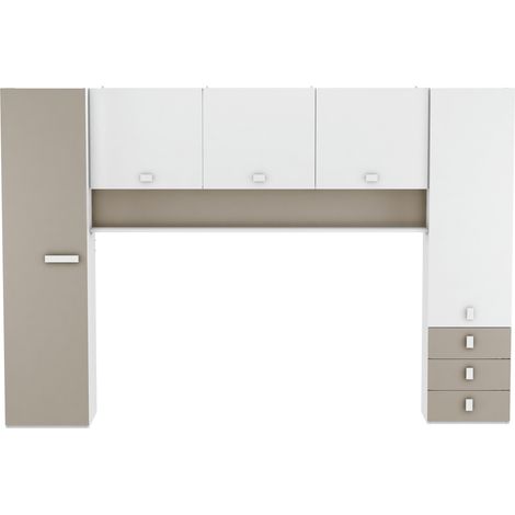 Pegane – Meuble de rangement pour lit enfant – 304 x 203 x 53,5 cm – 3 portes et 3 tiroirs – Panneaux de particules blanc mat/argile