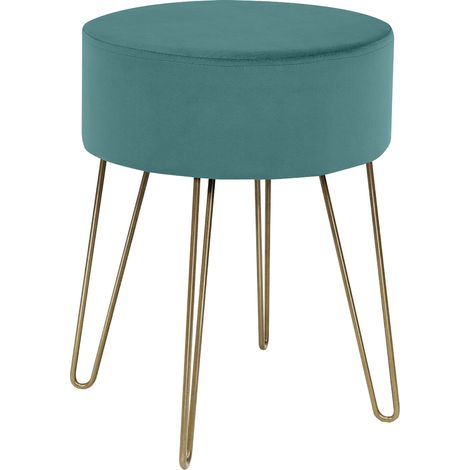 Pouf Poggiapiedi In Velluto Con Gambe Dorate Elegante Imbottito Sgabello Per Toeletta Mobile Trucco Ottomano Ingresso Tavolino Camera Da Letto Soggiorno Salotto Petrolio - Rotondo (1/5)