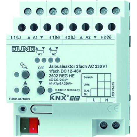 Jung KNX Jalousieaktor 2fach AC 110-230 V, 1fach DC 12-48 V, REG, 4 TE 2502 REGHE
