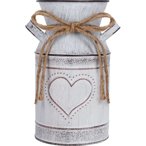 Vase Vintage à Fleurs en Métal – 10,3 x 19 cm - Pot à Lait Blanc de Style Fermier Shabby Chic Vintage avec Cœurs - Pot Lait Zinc Décoratif pour Décoration de Maison/Mariage et Plantes (1/5)