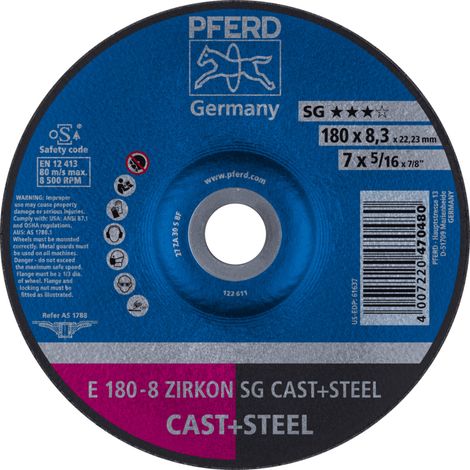 PFERD TOOLS Schruppscheibe E 180x8,3x22,23 mm ZIRKON Leistungslinie SG CAST+STEEL für Guss/Stahl 10 Stk