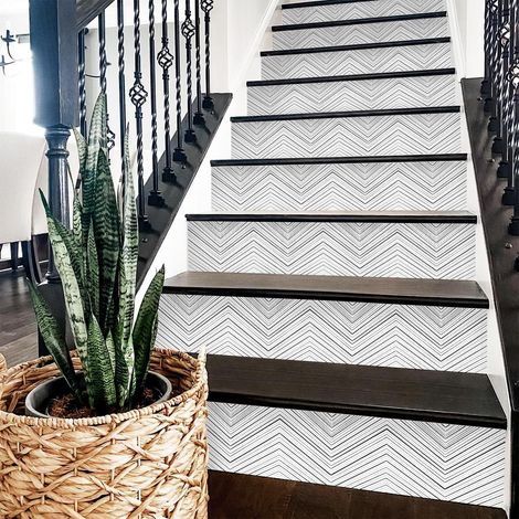 Autocollant d’escalier, film adhésif, motif à chevrons, blanc, décoller et coller, pour décoration des marches d'escalier du bureau à domicile (lot de 14) (1/5)