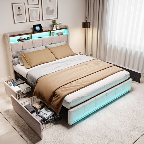 Polsterbett Doppelbett 160x200 cm, mit LED-Beleuchtung und USB-Ladestation, Modernes Jugendbett mit Kopfteil und Lattenrost, Leinen Beige, Ohne Matratze