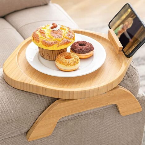 Bandeja para sofá con soporte giratorio para teléfono móvil en madera y bambú - Reposabrazos plegable - Para sofás anchos - Antideslizante - Para sofá - Portavasos - Redonda (1/5)
