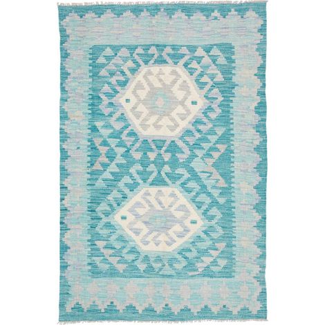 Tapis d'orient 100 x 152 cm, géométrique, bleu, crème et gris, en laine naturelle, tissé à plat, idéal pour chambre (1/5)