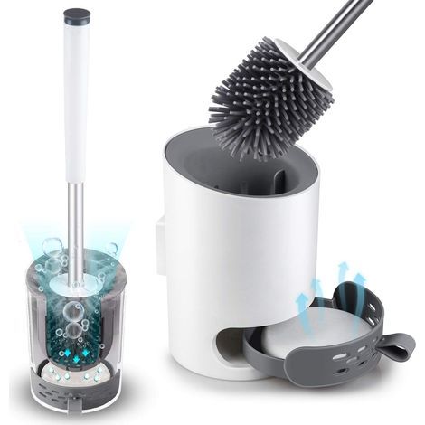 Toilettenbürste mit Wandhalterung, moderne, verbesserte weiße Toilettenbürste, Badezimmer-Toilettenbürsten-Set mit Silikonborsten, Kieselgurmatte und Pinzette (1/5)
