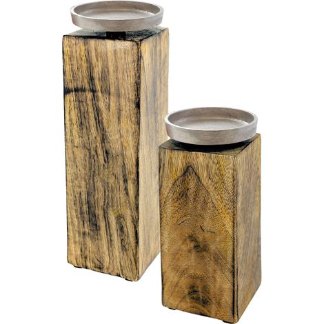 Mango Kerzenhalter mit Alu Kerzenteller 2er Set - 20 / 25 cm - Holz Kerzenständer für Stumpen- und Kugel-Kerzen