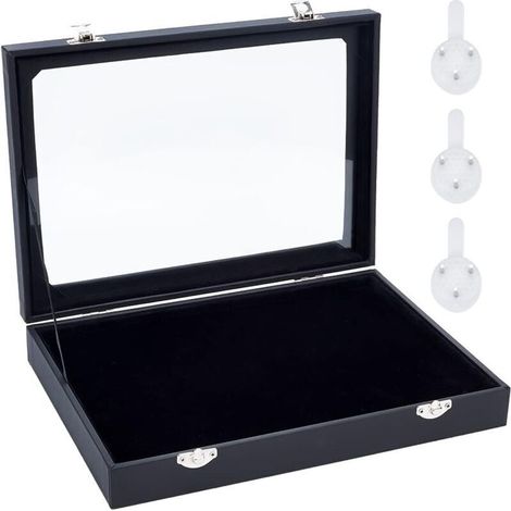 ALLIANDISVitrine à Épingles en Velours Noir, 28x20x4.85cm Broche à Suspendre Murale Rangement pour Bijoux Boîtes de Présentation en Bois avec Fenêtre et Cintres pour Monnaie Épingles Badges Affichage (1/4)