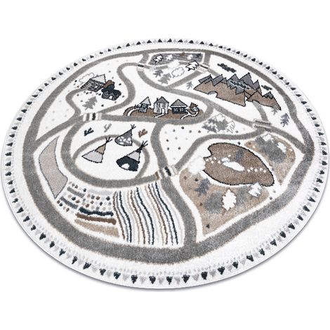 Teppich FUN Land für Kinder, Dorf, Straßen, Kreis - creme beige rund 120 cm