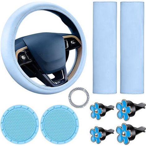 Ensemble d'accessoires auto 10 pièces : 1 housse de volant (diamètre 37-38 cm), 2 protège-épaules de ceinture de sécurité (23 x 6,5 cm), 2 sous-verres (7 cm), 1 disque de démarrage, 4 clips de fixatio (1/5)
