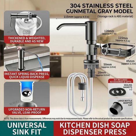 (Gris anthracite Pro) Distributeur de savon de luxe pour évier de cuisine en acier inoxydable 304 avec pompe à pression, kit de tube d'extension pour détergent, accessoire robuste (1/5)