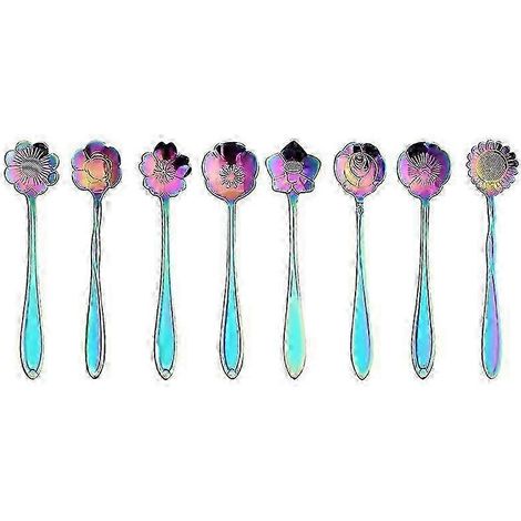 Ensemble de 8 cuillères en forme de fleur, cuillères à thé à motifs floraux éclatants, robustes, compatibles lave-vaisselle, 12,5 cm pour remuer les boissons (1/5)