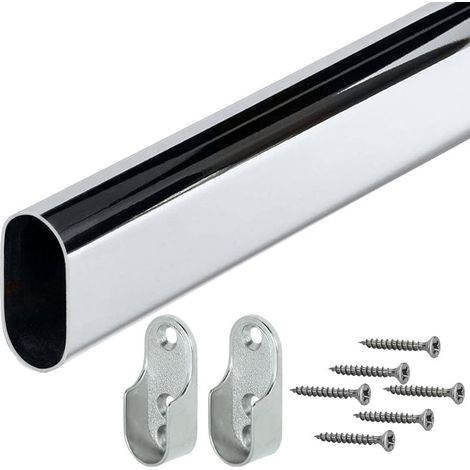 Rail de suspension pour meubles, ovale, longueur de fixation de la barre de suspension : 500 mm, 30 x 15 mm, 1 jeu de 2 supports de tube pour paroi latérale de meuble pour l'installation, acier chromé (1/5)