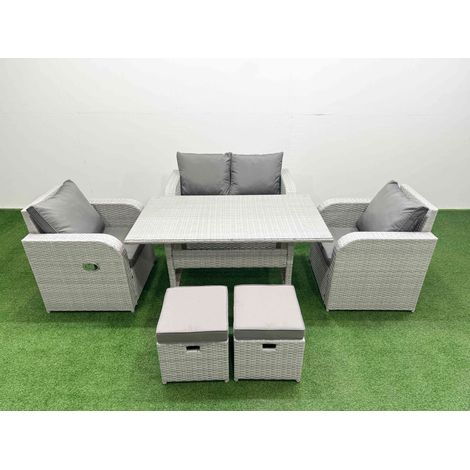 Fimous Light Grey PE Wicker Rattan Garden Furniture Set Sofa Set Reclining Chair Rectangular Dining Table 6 Seater 2 Small Stools (1/5)