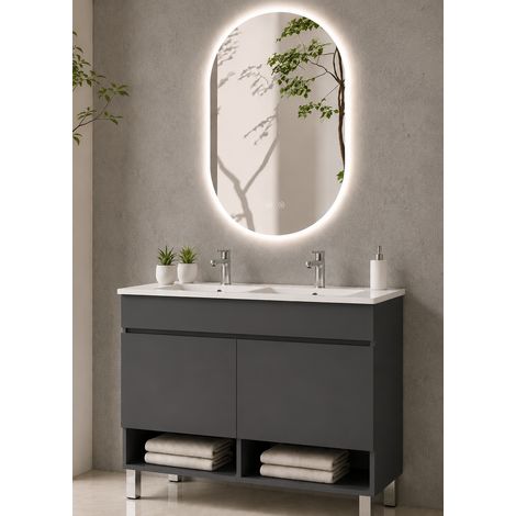 Badmöbel mit Füßen mit Waschbecken extra flach ORIGENBATH NEBARI ohne Spiegel 120x45 cm Doppelwaschbecken graphit (1/3)