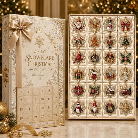 Adventskalender 2026 – 24-teilig – cremefarben-gold – Acryl – 24 Tage mit Schneeflocken-Weihnachtsbaumschmuck – Christbaumschmuck zum Aufhängen – Countdown-Kalender – geeignet für die Weihnachtsdekora (1/3)