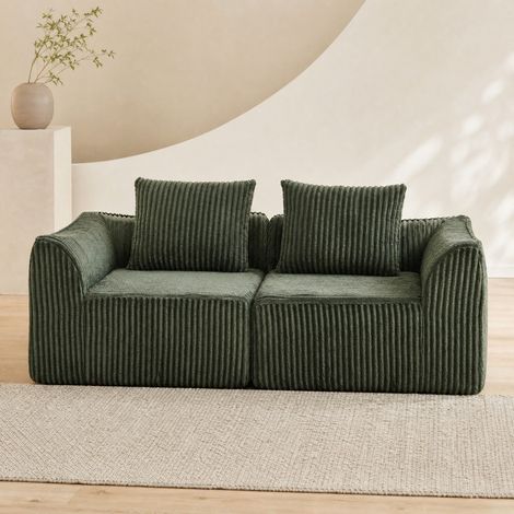 Sofá modular de terciopelo acanalado verde, líneas curvas, sin montaje, con 2 cojines (1/5)