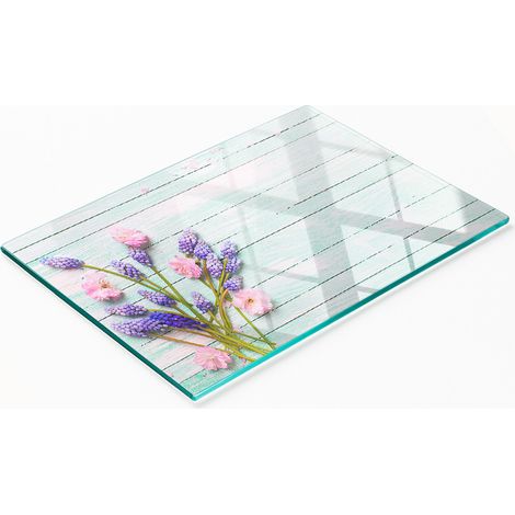 Tabla de servir de cristal para cocina con estampado de lavanda en la tabla, 80x52 cm. (1/5)