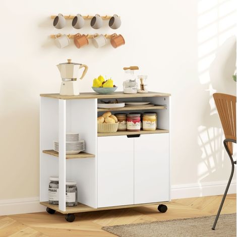 Carrito de cocina 80x40x82 cm blanco y madera natural en madera con ruedas, armario y estantes ajustables (1/5)