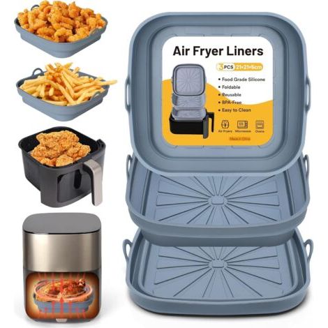Applicable Moule Silicone Air Fryer, 3 Pièces Moule Panier pour Friteuse à Air Chaud Réutilisable Airfryer Plat Carré Pliable Doublure Liners pour Friteuse Air, Micro-ondes, Four (Gris) (1/5)