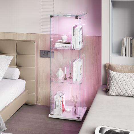 Vetrina 39,8x35x123,3 cm con LED e serratura, mobile espositivo a 3 livelli per soggiorno e ufficio, in metallo e vetro temperato, bianca