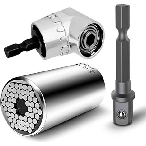 Multi-function 7mm-19mm Universal Sockets Ratchet Metric Wrench Power Drill Adapter and 105 Degree Right Angle Extension Electric Screwdriver Drill Attachment 1/4" Drive 6mm Hex Magnetic Bit