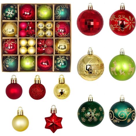 44-teiliger roter und grüner Weihnachtsbaumschmuck – Schneeflockenmuster und Aufhängeschnur Unzerbrechliche Kugeln – geeignet für Weihnachtsbäume, Heimdekoration, Partys sowie Wand- und Fensterdekora (1/5)