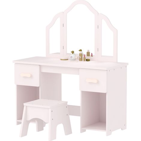 Coiffeuse pour enfant avec tabouret, miroirs, tiroirs et placards en bois, à partir de 3 ans, rose (1/5)