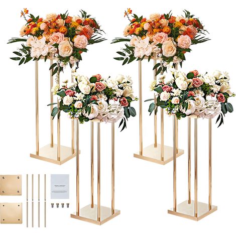 Mophorn 4PCS Supporto per fiori da matrimonio a colonna in metallo dorato, 80 cm di altezza con laminato metallico, vasi centrotavola geometrici, espositore floreale cilindrico per eventi