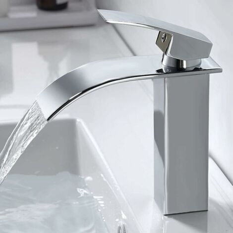 Moderne Robinet Salle de Bain Cascade, Design Elégant Robinet Lavabo, Mitigeur en Laiton, Eau Chaude et Froide Disponible, Robinetterie Chromé G 3/8 (1/4)